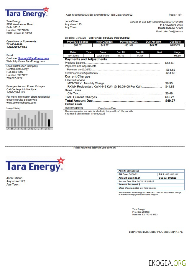 USA Texas Tara Energy utility bill template in Word and PDF format